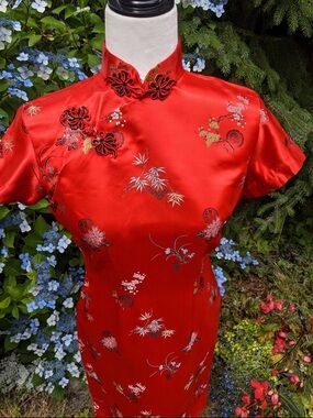 Red Satin Embroidered Chinese Cheongsam Qipao Dress